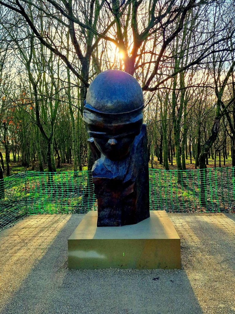 photograph of the Pity of War memorial at the National Memorial Arboretum. The winter sun is shining through the bare trees behind it, casting its shadow in the foreground.